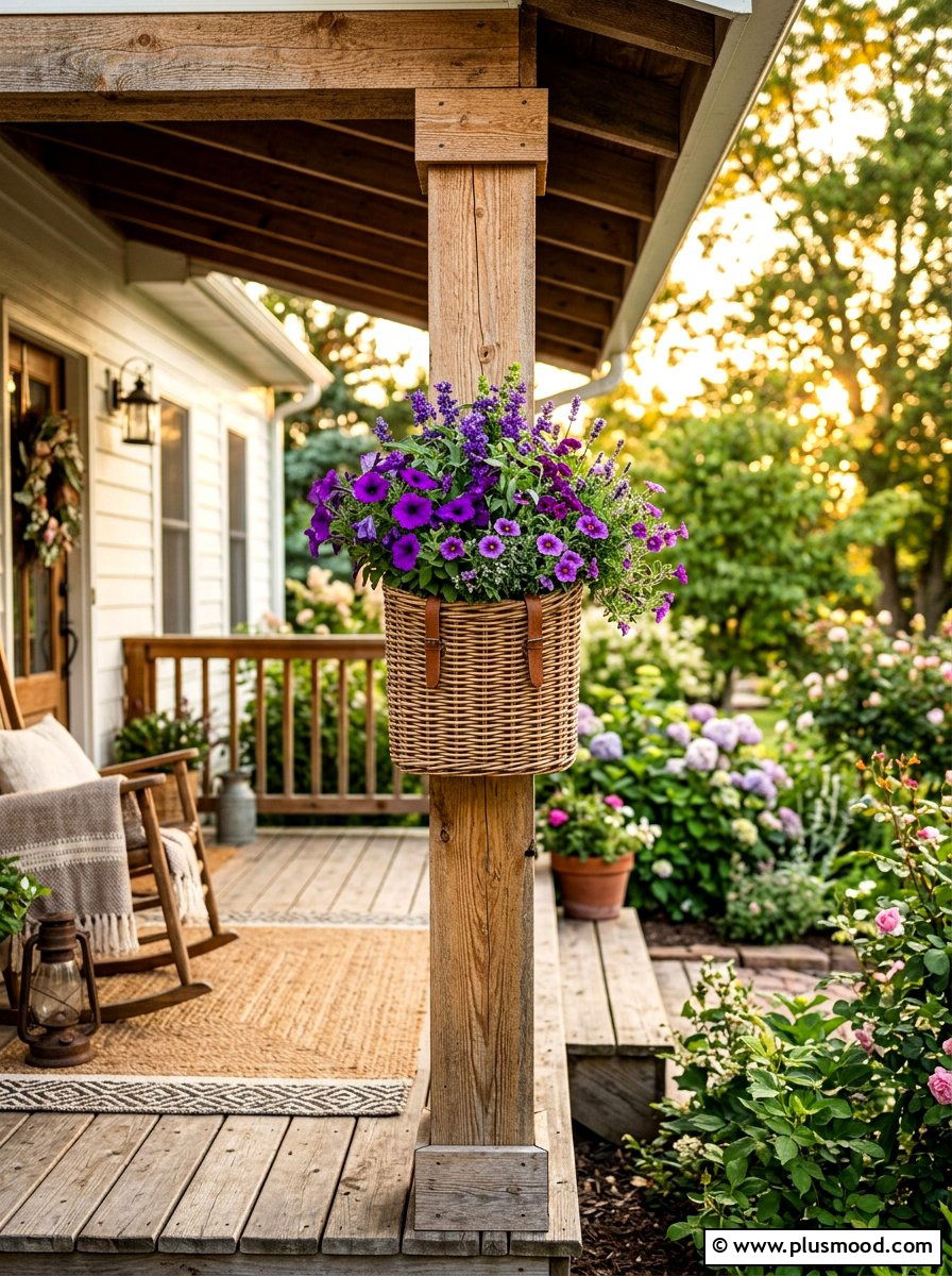 Basket planter porch column - 25 summer porch column decor ideas
