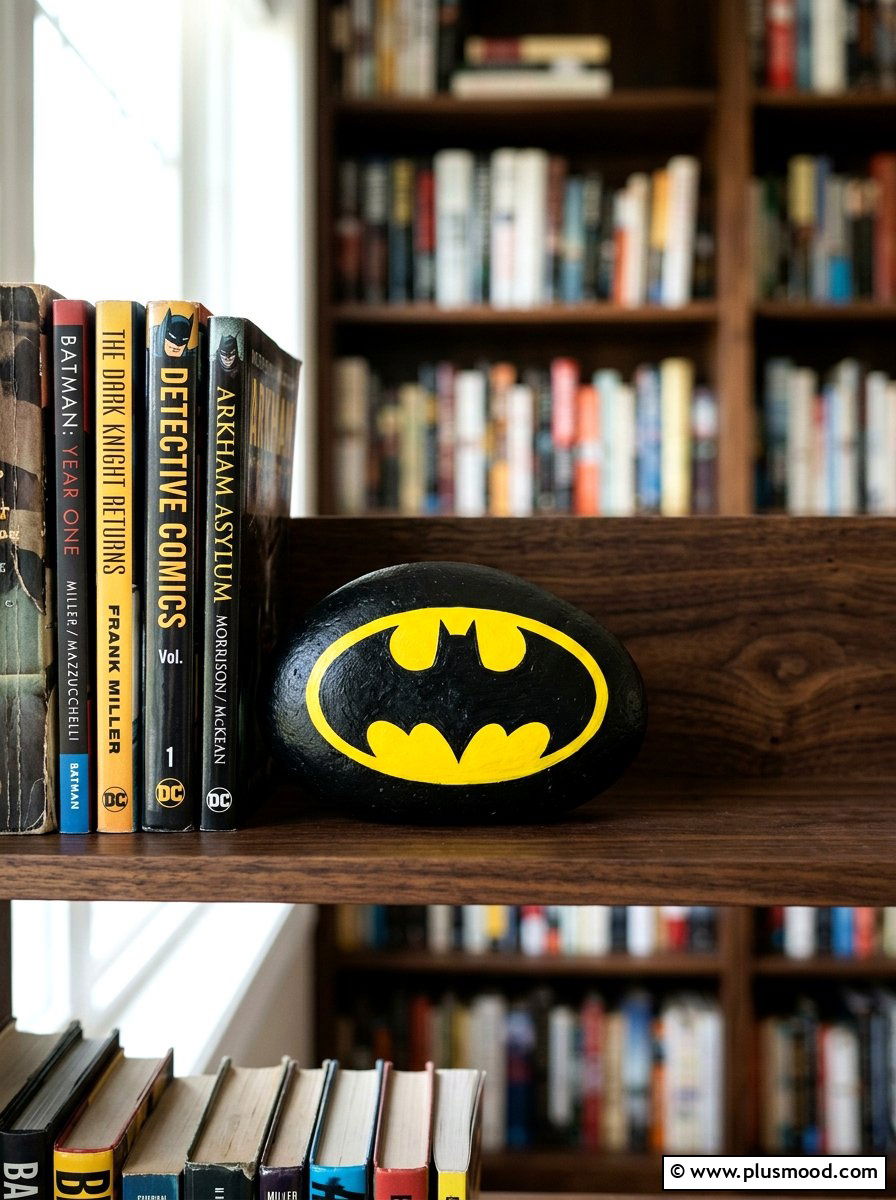 Batman Symbol - 25 painted rock ideas with superhero theme