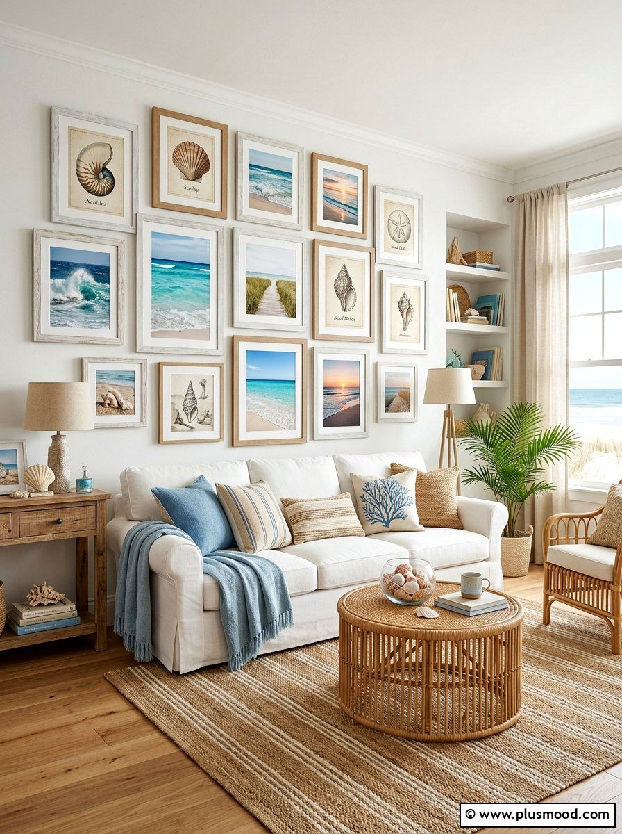 Beach House Gallery Wall - 25 summer coastal farmhouse living room ideas