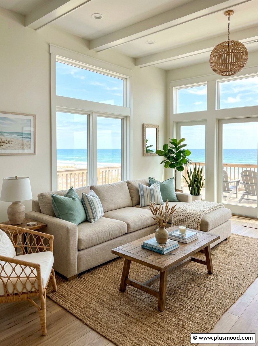 Beach house living room linen sofa - 25 summer coastal living room ideas
