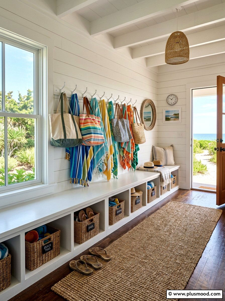 Beach house mudroom with hooks - 25 summer entryway decor ideas
