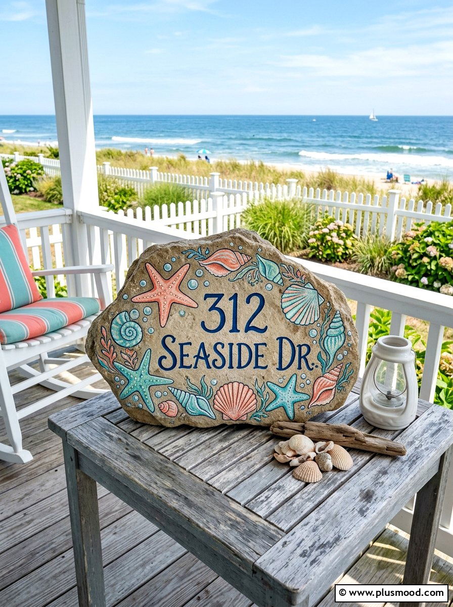 Beach theme seashell rock - 25 painted rock ideas for address markers