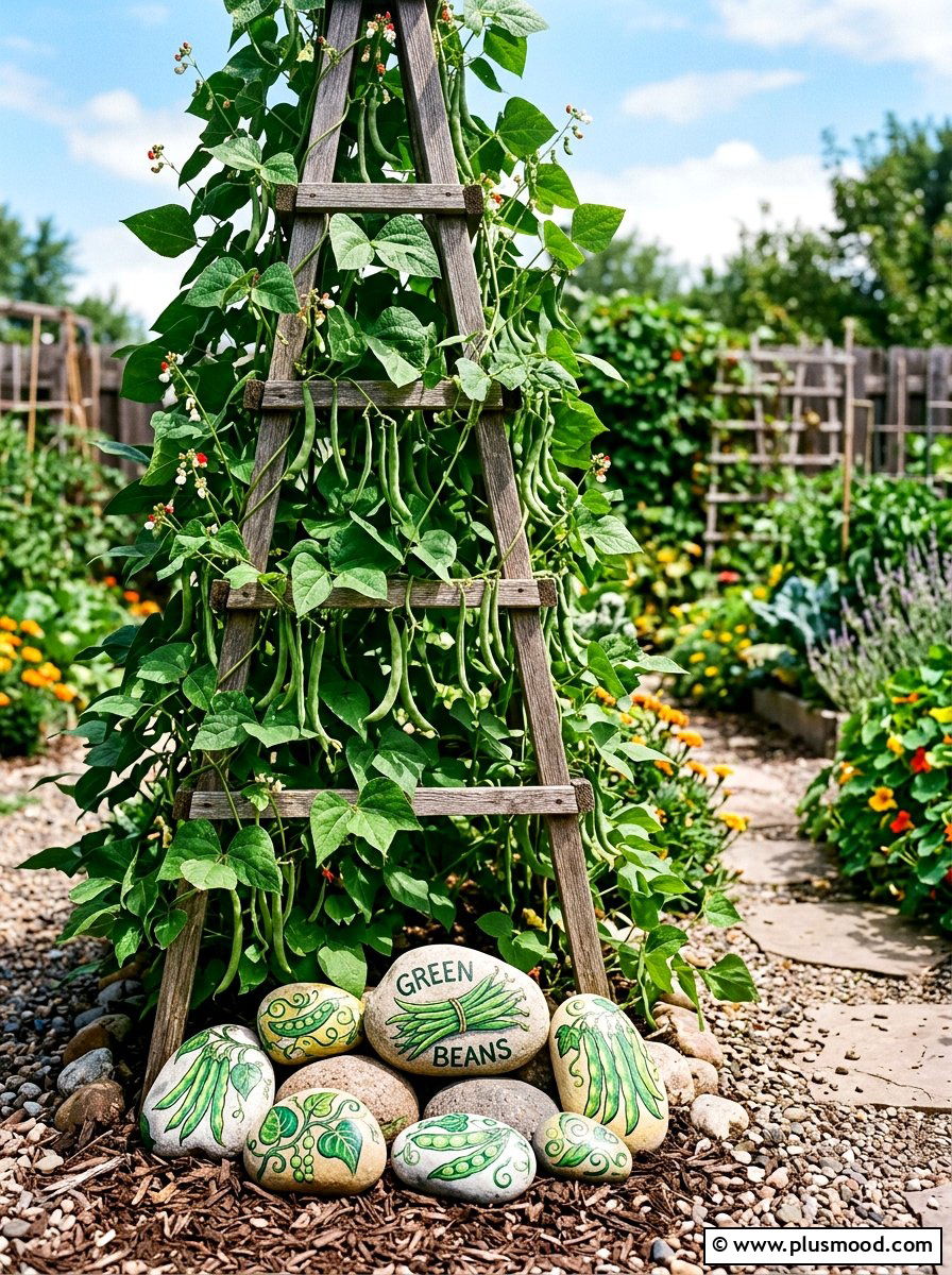 Bean garden stones - 25 painted rock ideas with vegetable garden labels