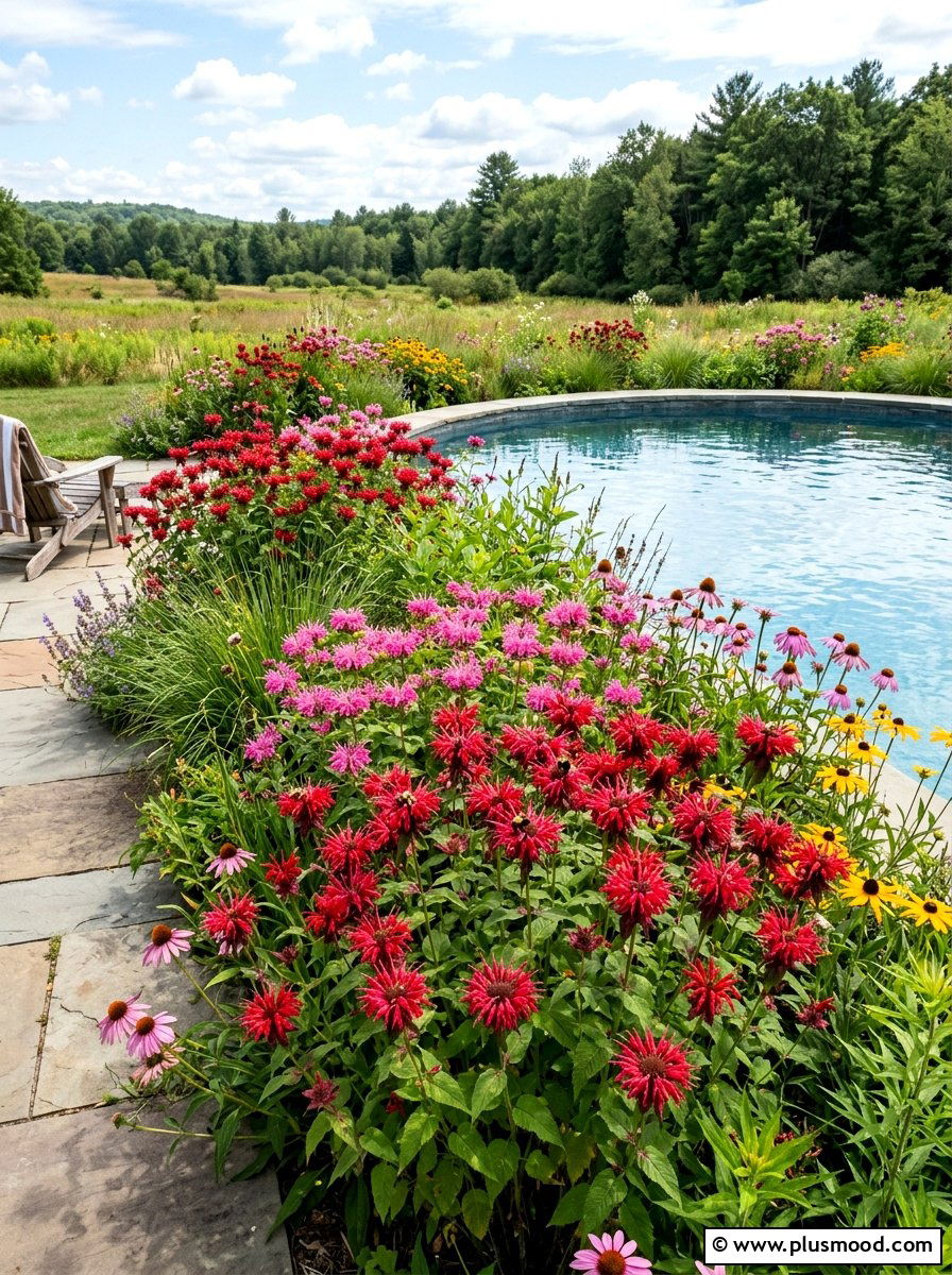 Bee Balm Poolside Garden - 25 pool landscaping ideas with herbs