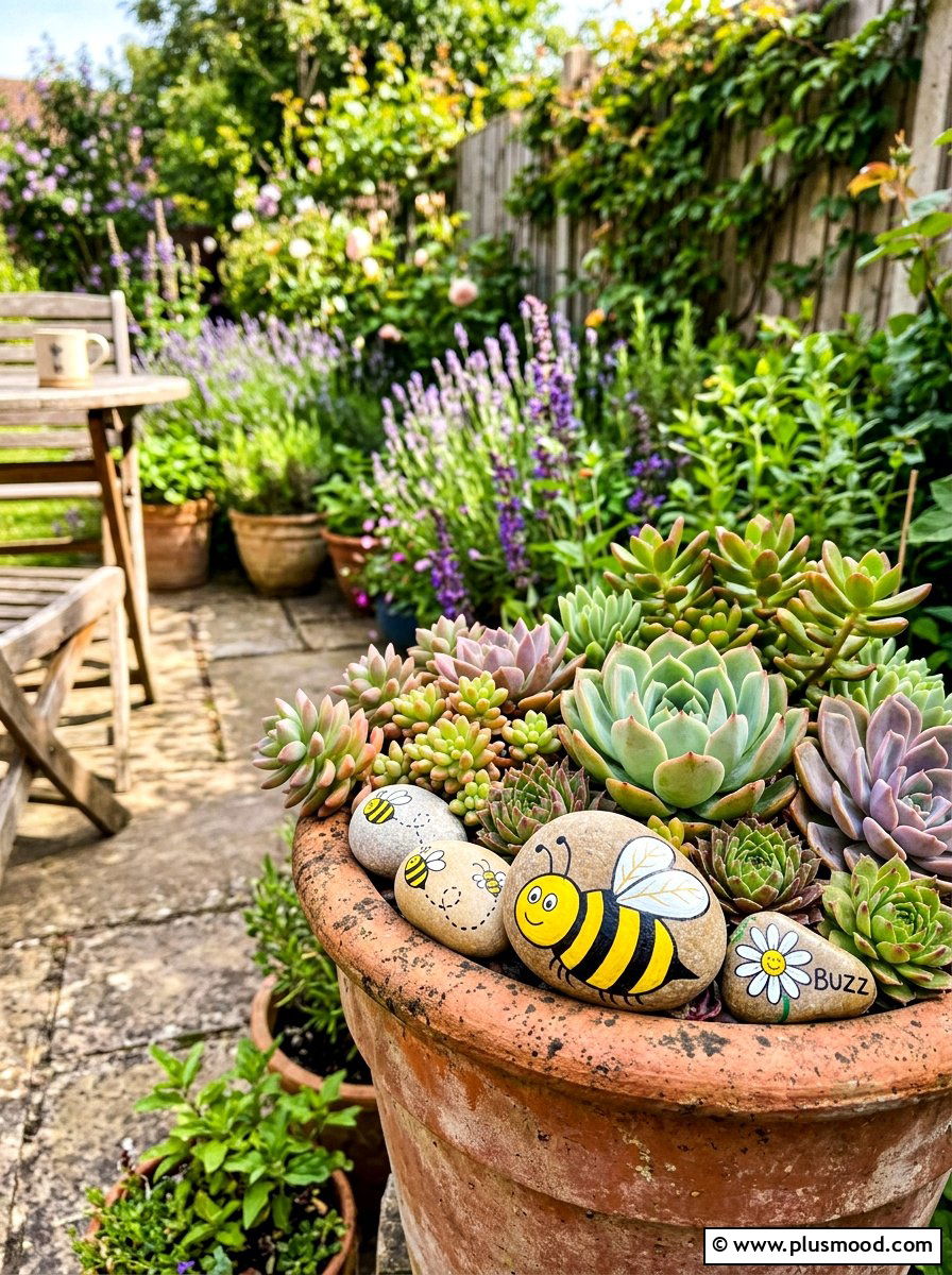 Bee Painted Stones - 25 painted rock ideas for succulent garden