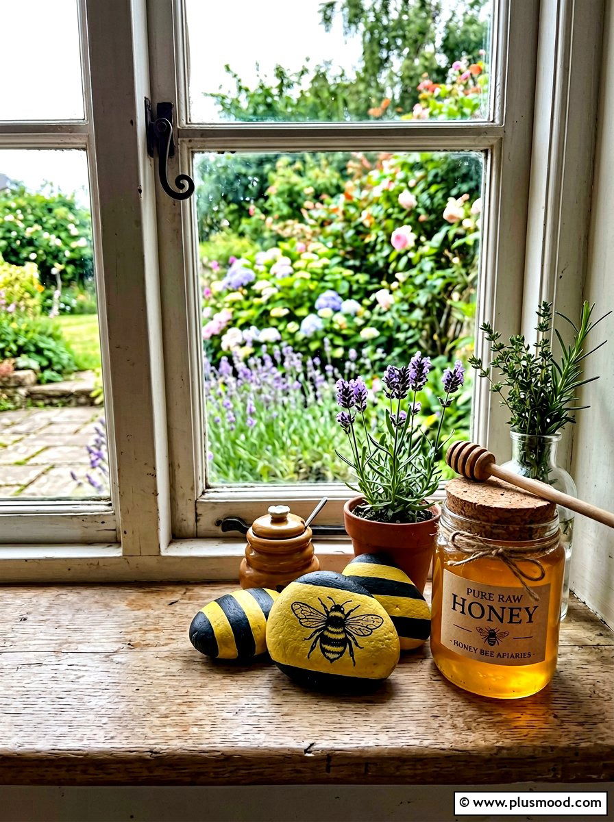 Bee Theme Rocks - 25 painted rock ideas for window sill display