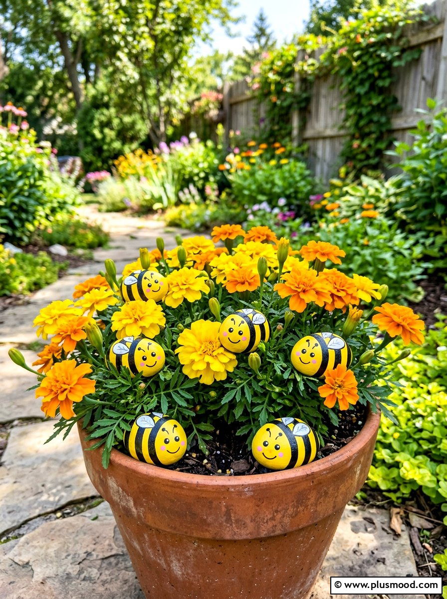 Bee painted rocks - 25 painted rock ideas for potted plant display