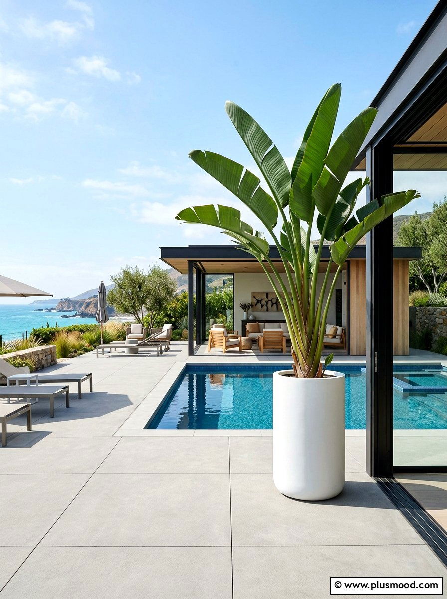 Bird Of Paradise In Sleek White Container - 25 pool landscaping ideas with potted plants