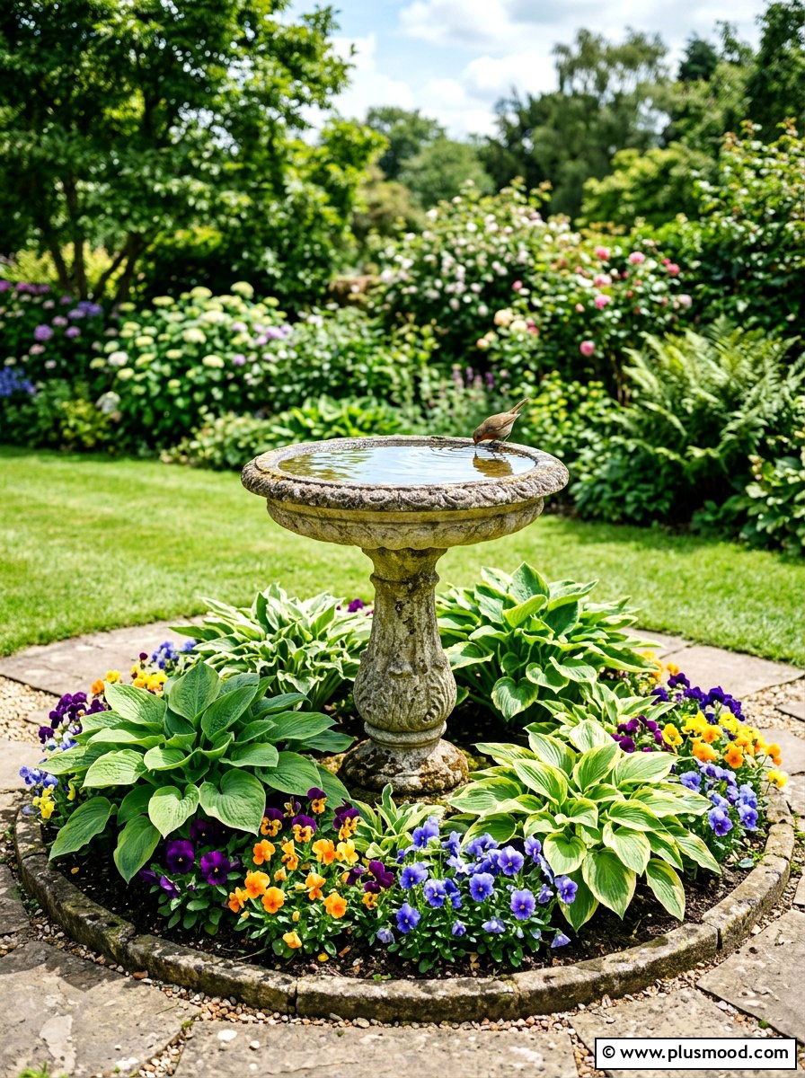 Birdbath Focal Point - 25 summer farmhouse landscaping ideas