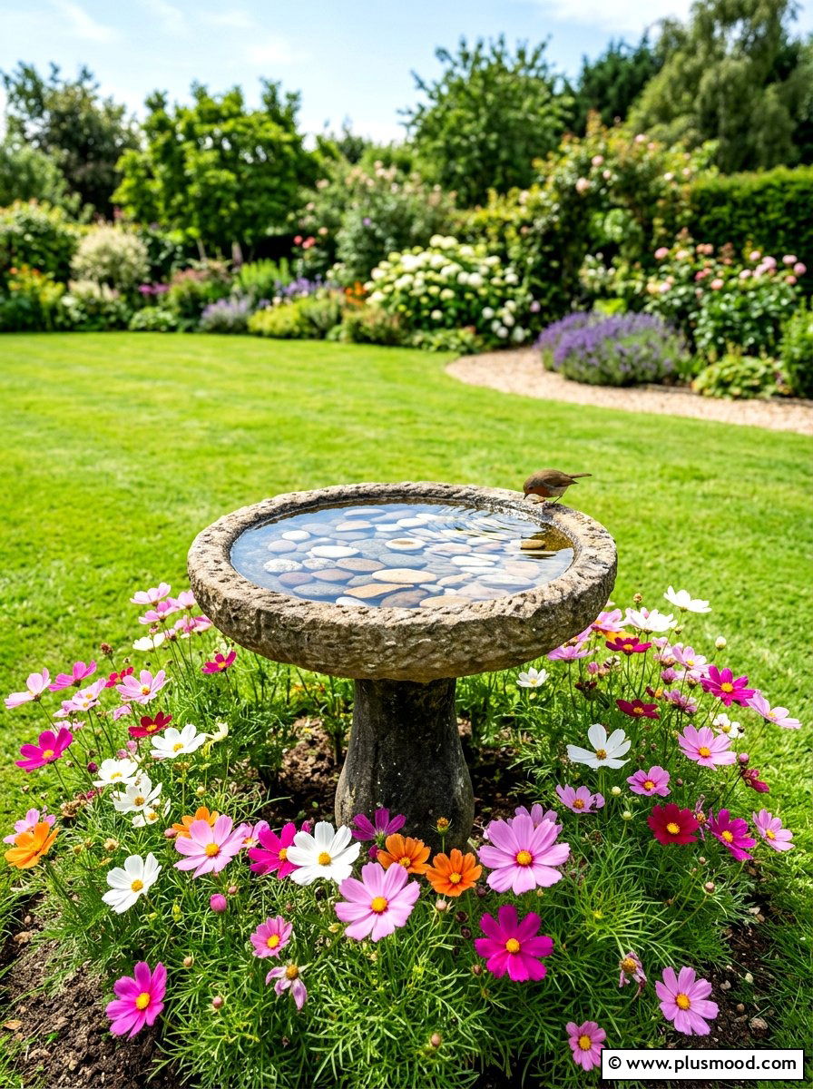 Birdbath Water Feature - 25 small backyard ideas with butterfly garden