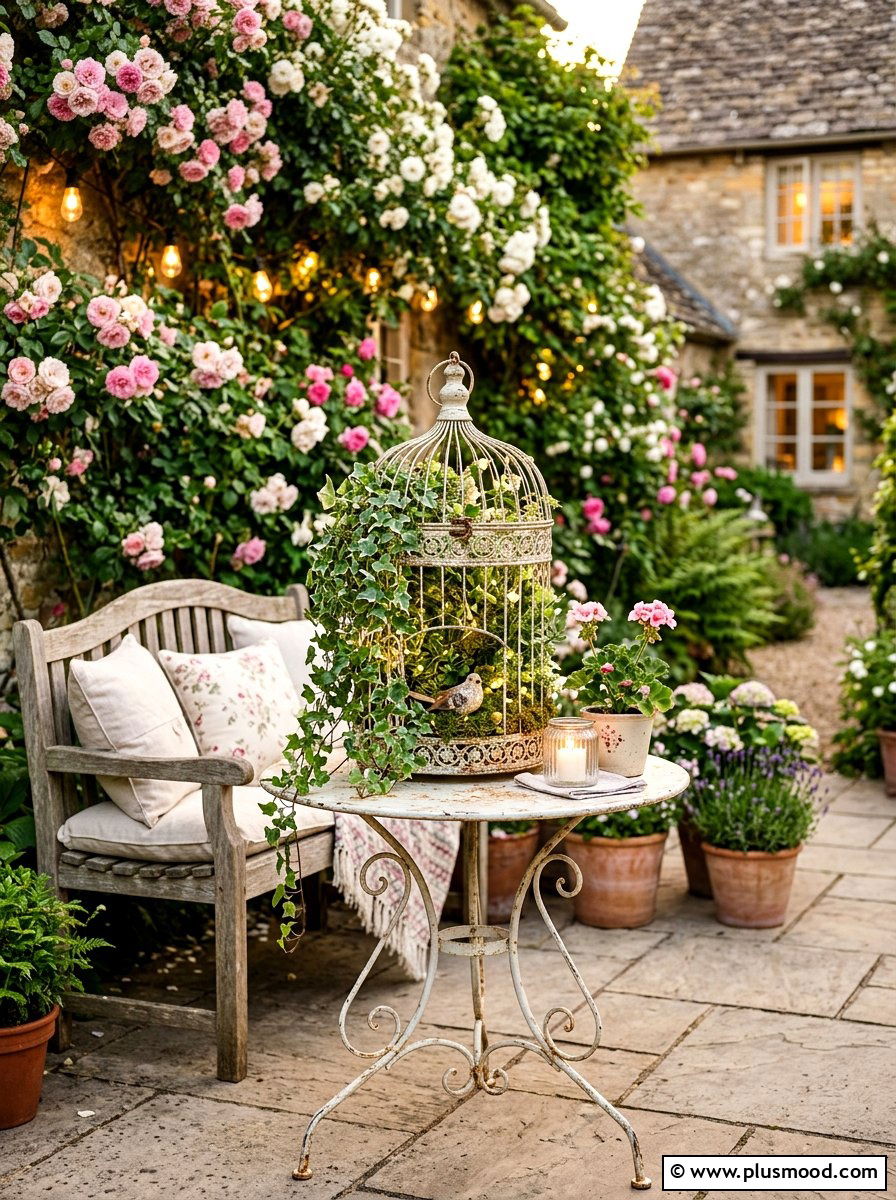 Birdcage with faux greenery - 25 summer patio centerpiece ideas