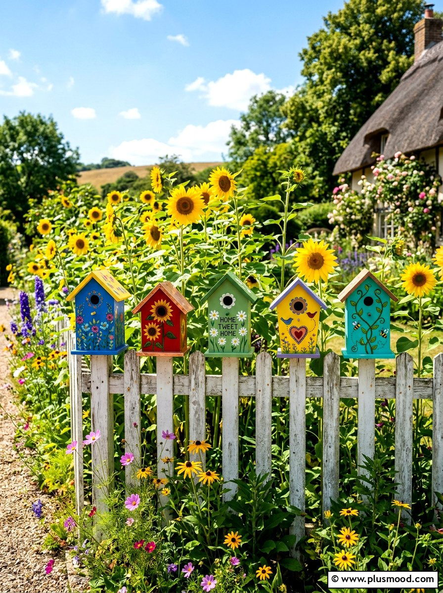 Birdhouse fence display - 25 summer backyard fence decor ideas