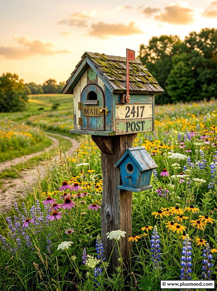 Birdhouse mailbox with wildflowers - 25 summer mailbox landscaping ideas