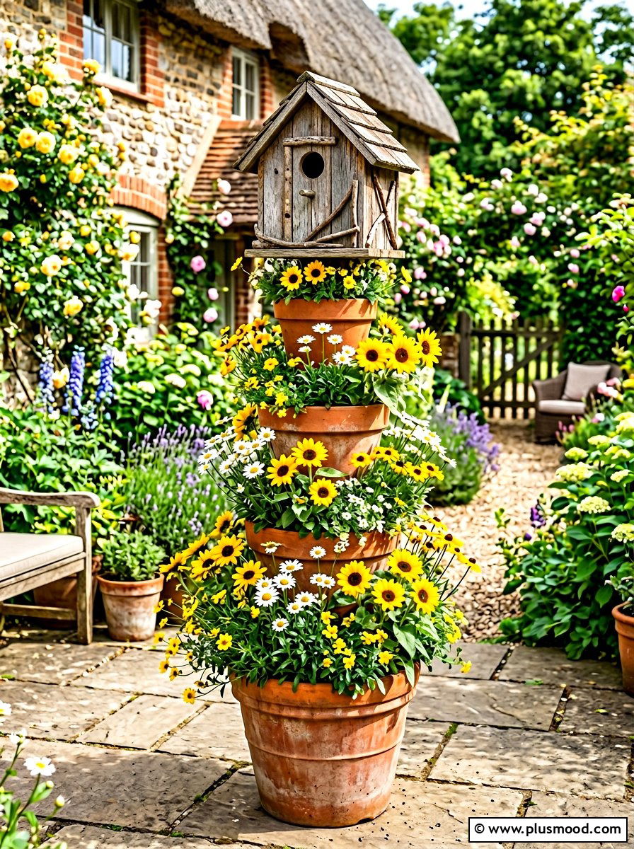 Birdhouse topped planter tower - 25 summer stacked planter ideas