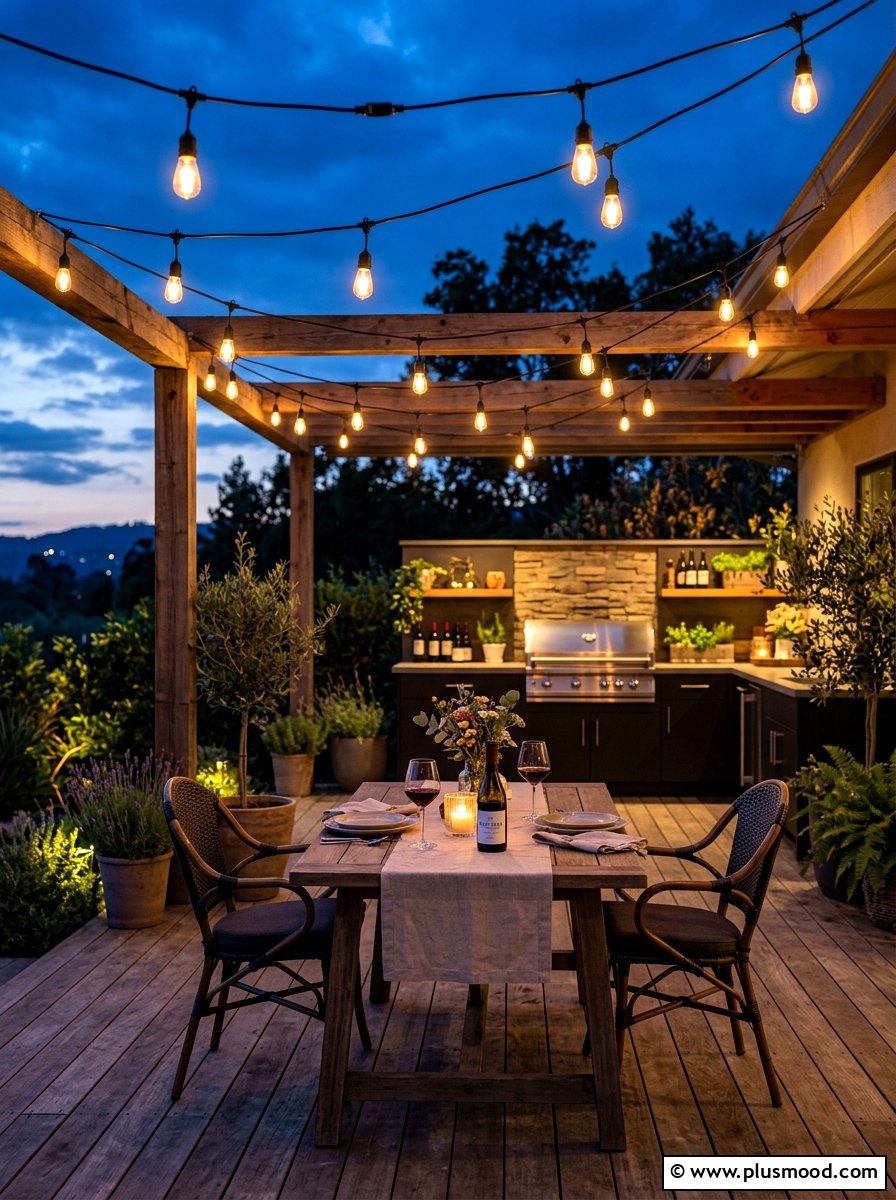 Bistro Style Evening Lighting - 25 summer outdoor kitchen entertaining ideas