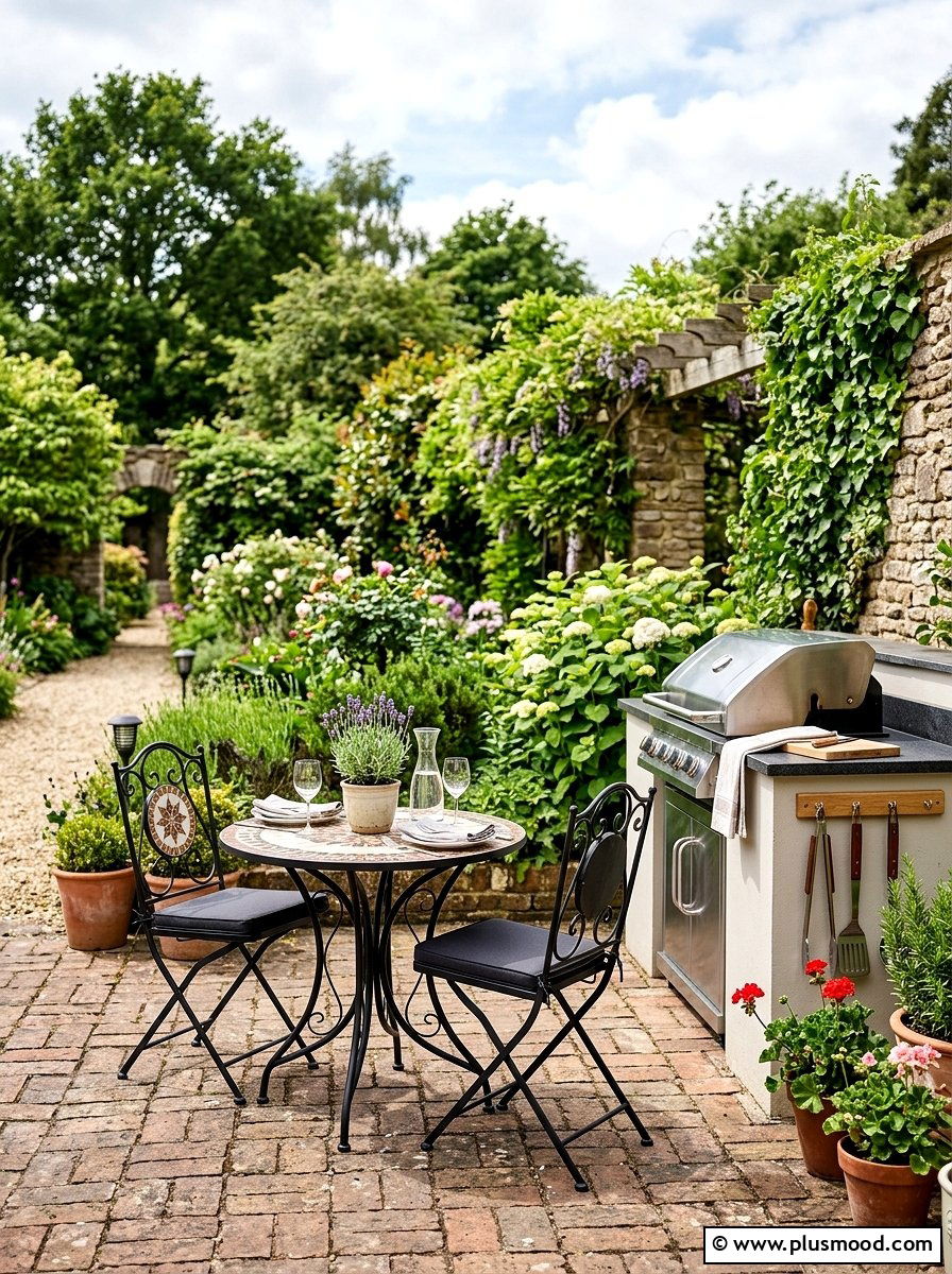 Bistro Table Near Grill - 25 small backyard ideas with outdoor kitchen