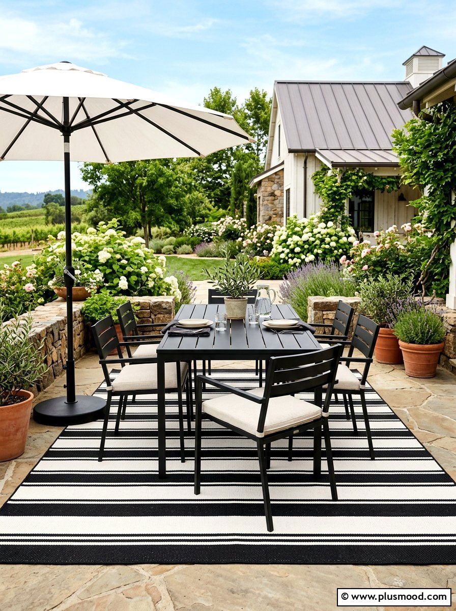 Black And White Striped Rug - 25 summer patio rug ideas