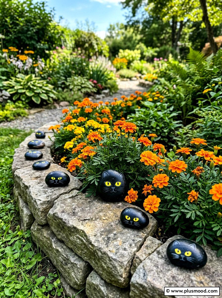 Black Cat Painted Rocks - 25 painted rock ideas for Halloween