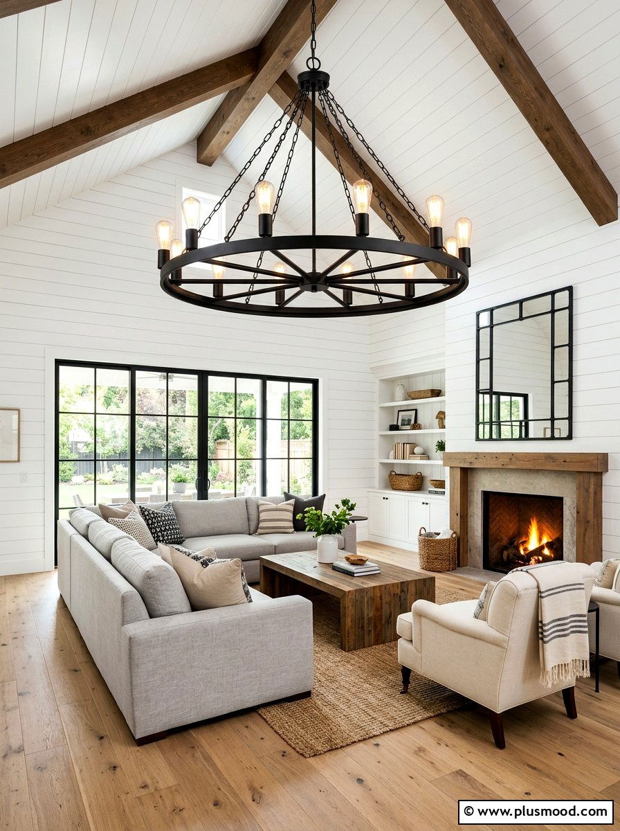 Black Metal Chandelier - 25 farmhouse summer living room ideas