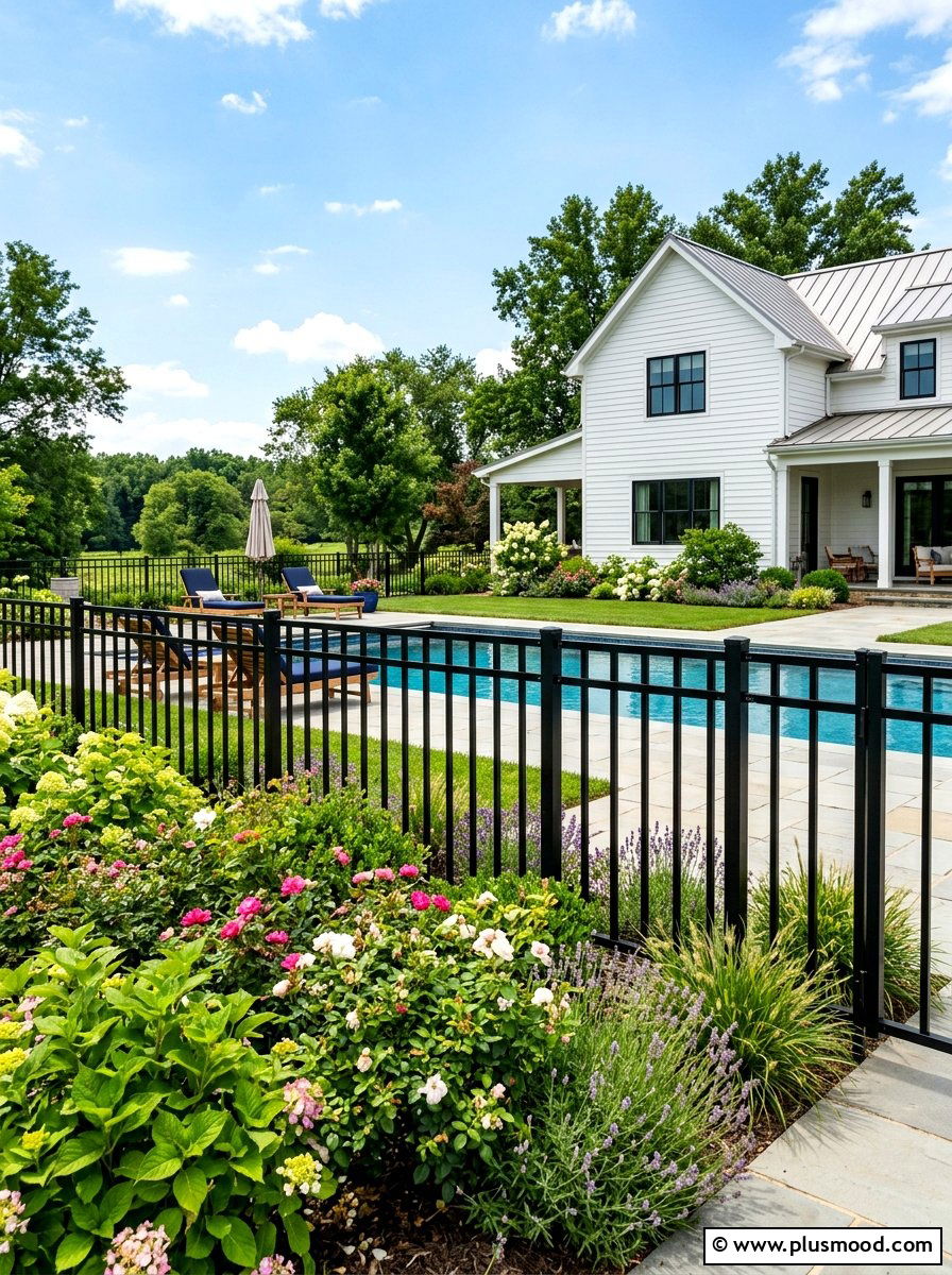 Black Metal Fence - 25 summer farmhouse pool area ideas
