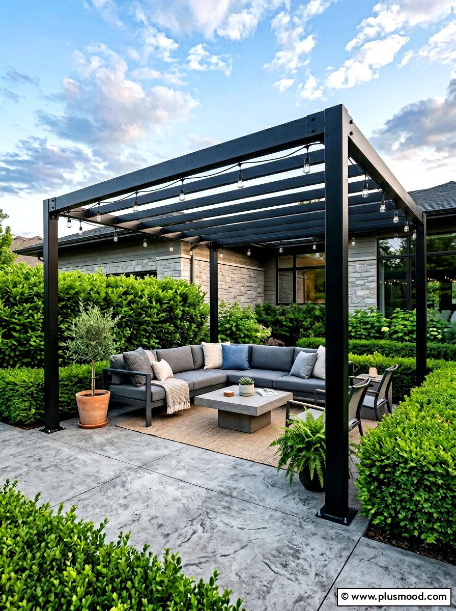 Black Metal Pergola - 25 small backyard ideas for contemporary homes