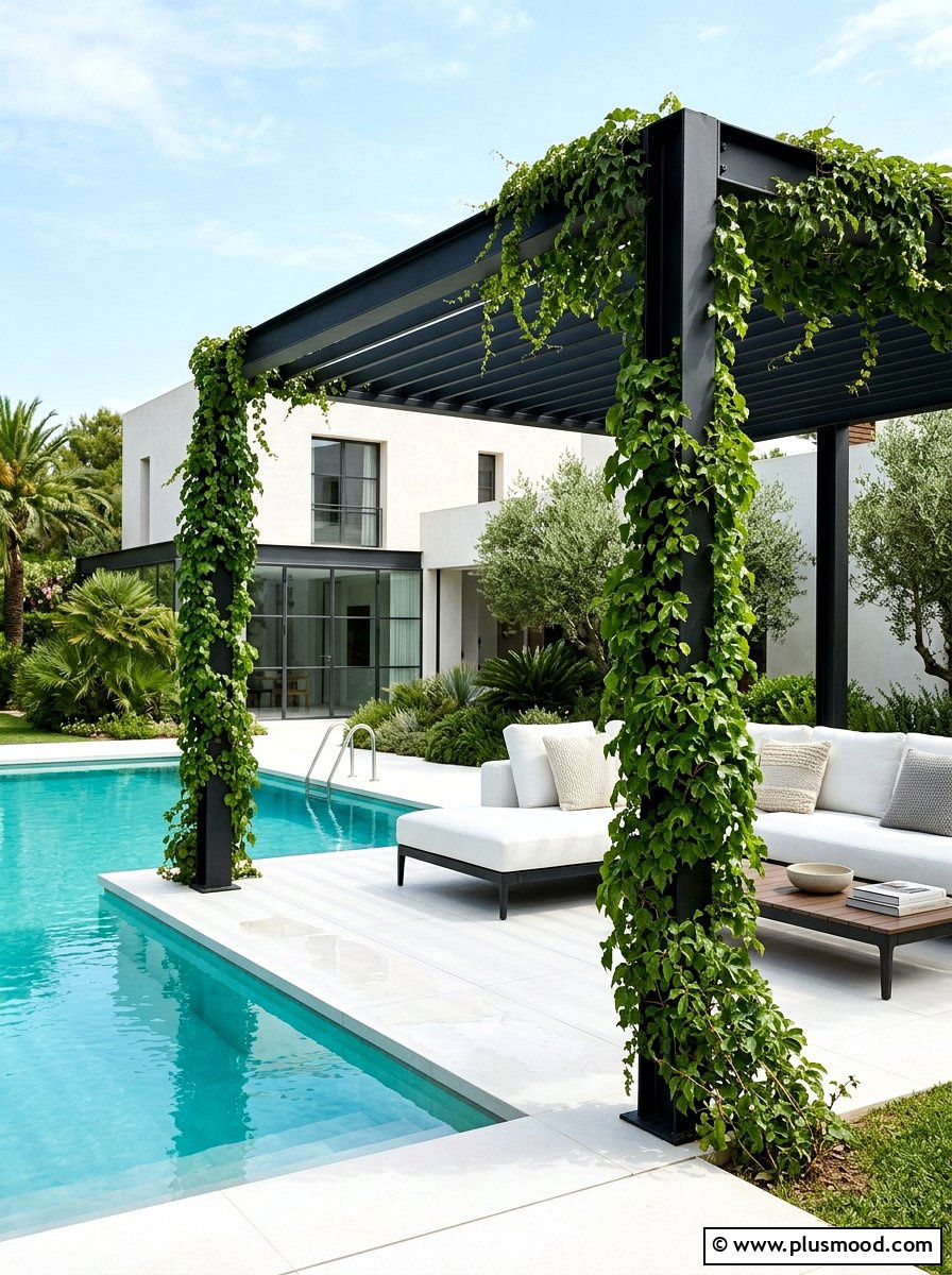 Black Metal Pool Pergola - 25 pool landscaping ideas with pergola and vines