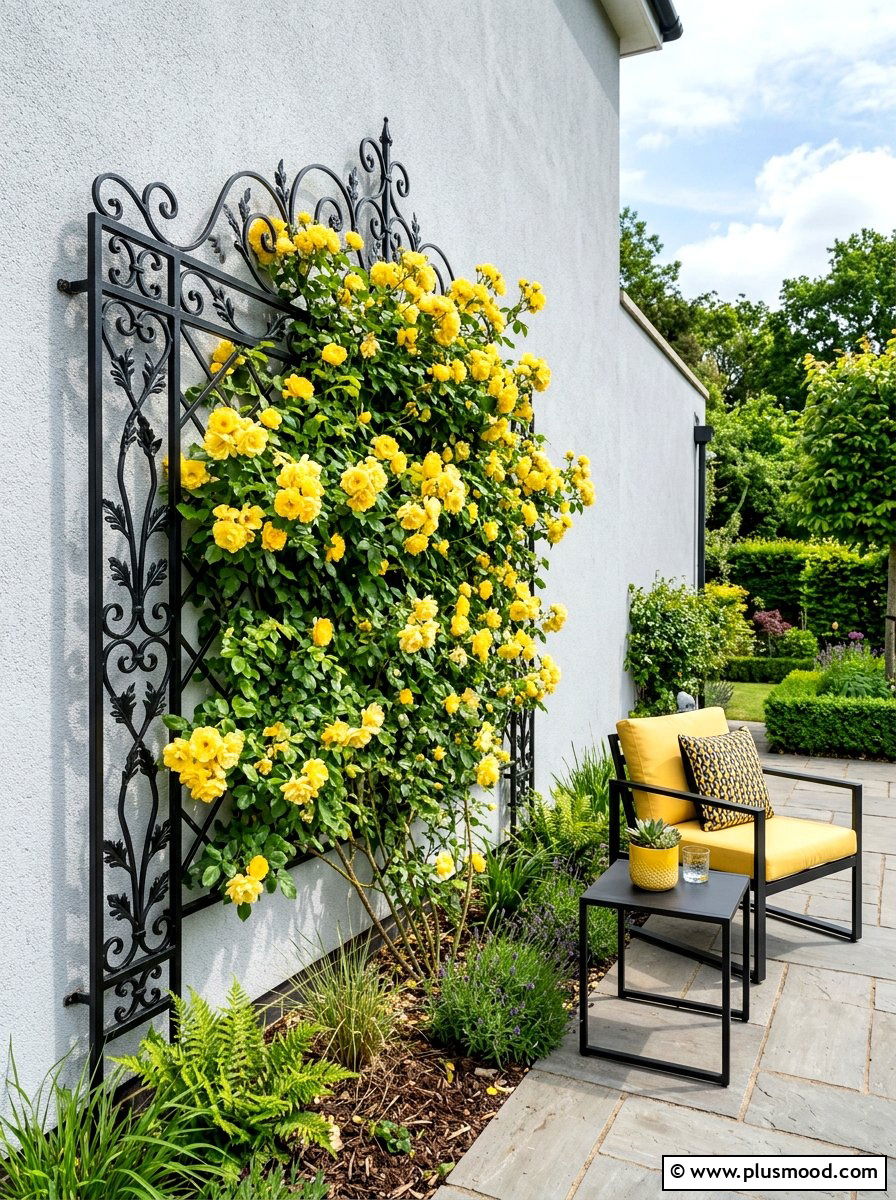 Black Metal Trellis - 25 small backyard ideas with trellis