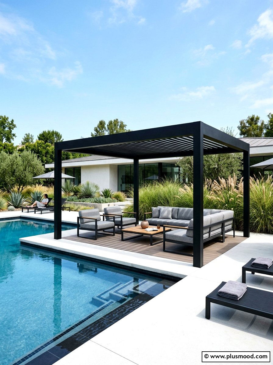 Black Modern Pool Pergola - 25 pool landscaping ideas with pergola