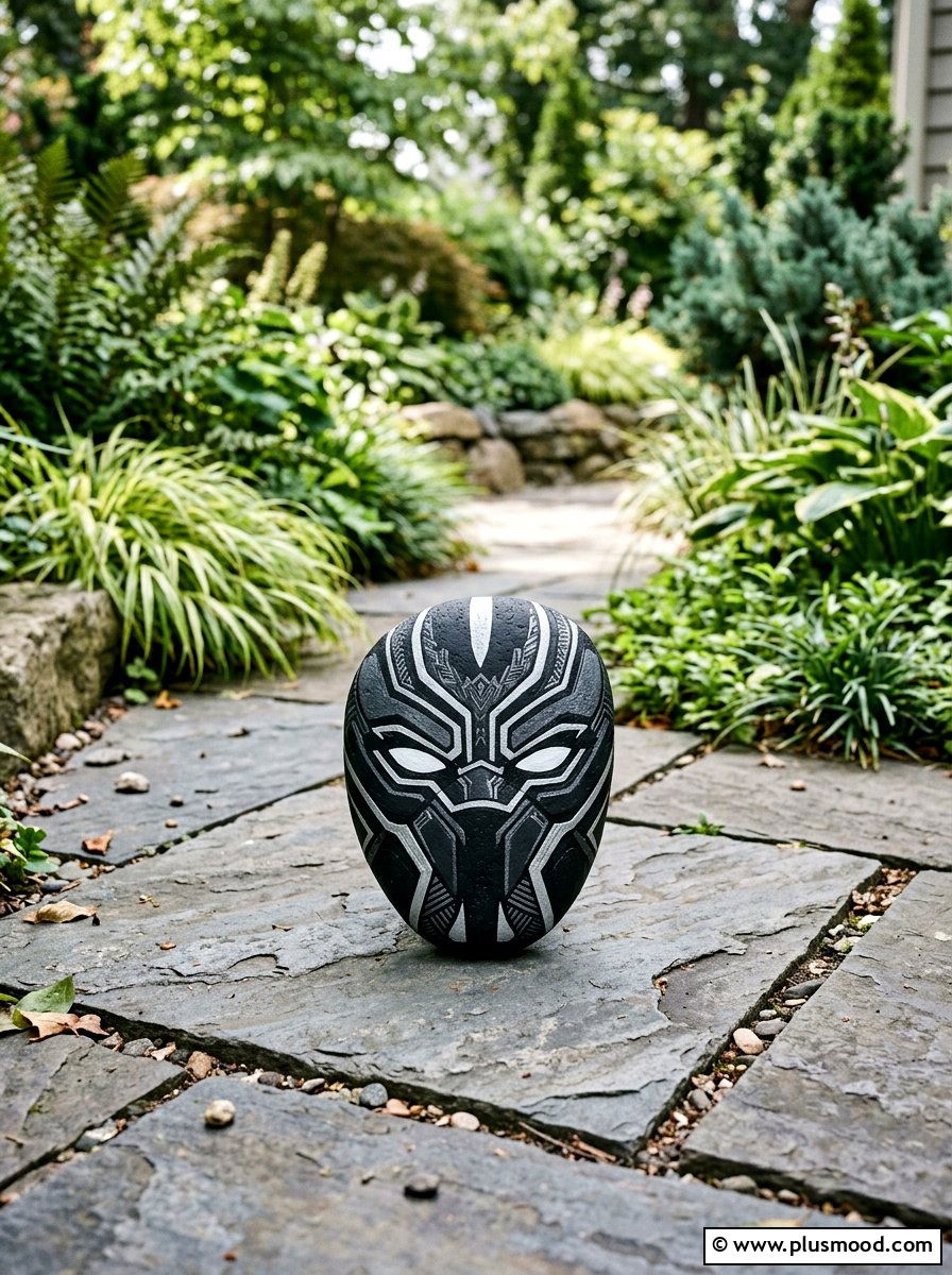 Black Panther Mask - 25 painted rock ideas with superhero theme