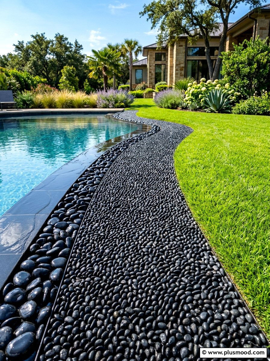 Black Pebble Pool Path - 25 pool landscaping ideas with Japanese style