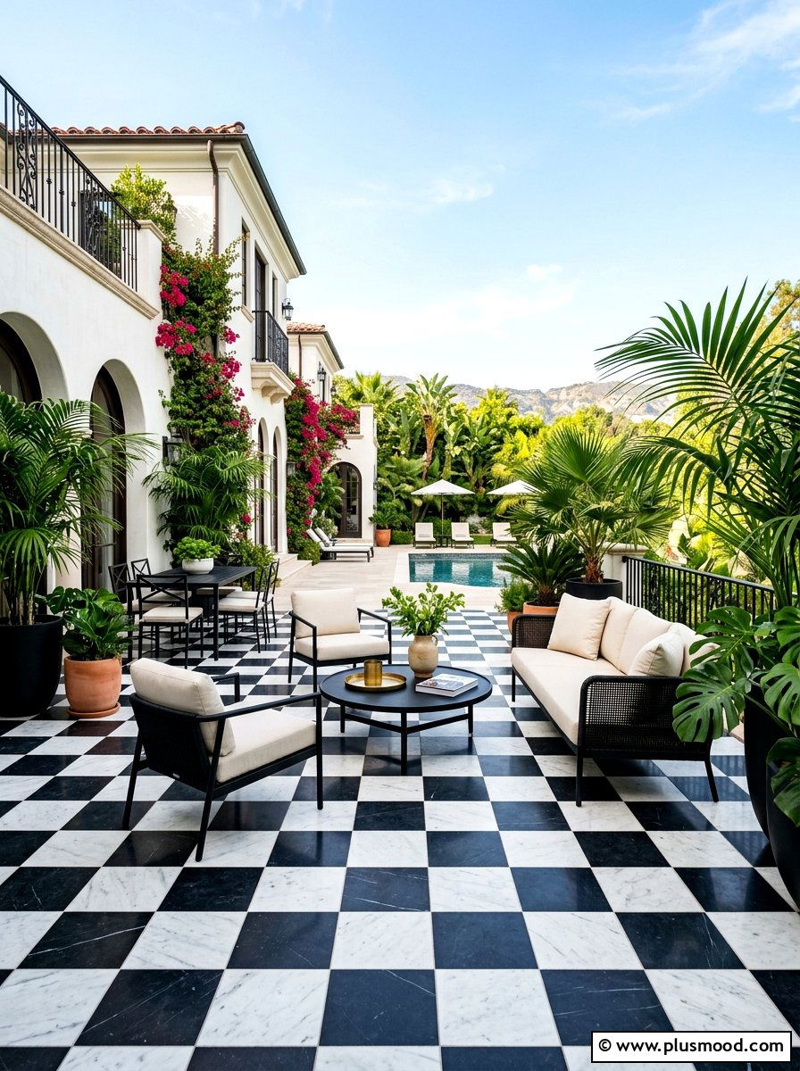 Black White Tile - 25 summer uncovered patio ideas