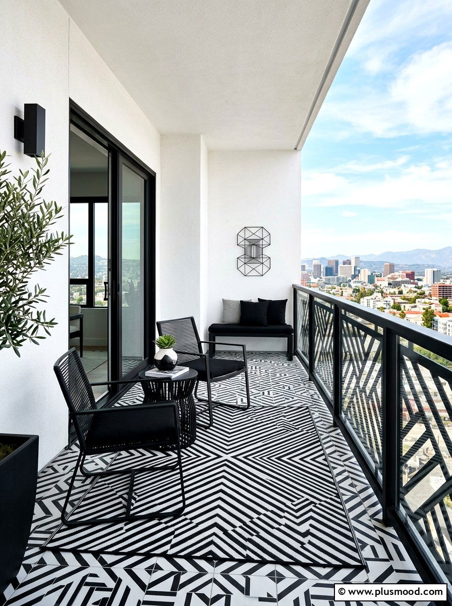 Black and White Geometric Balcony - 25 summer minimal balcony ideas