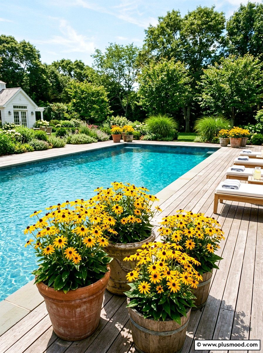 Black eyed susan sunny pool deck - 25 pool landscaping ideas with native plants