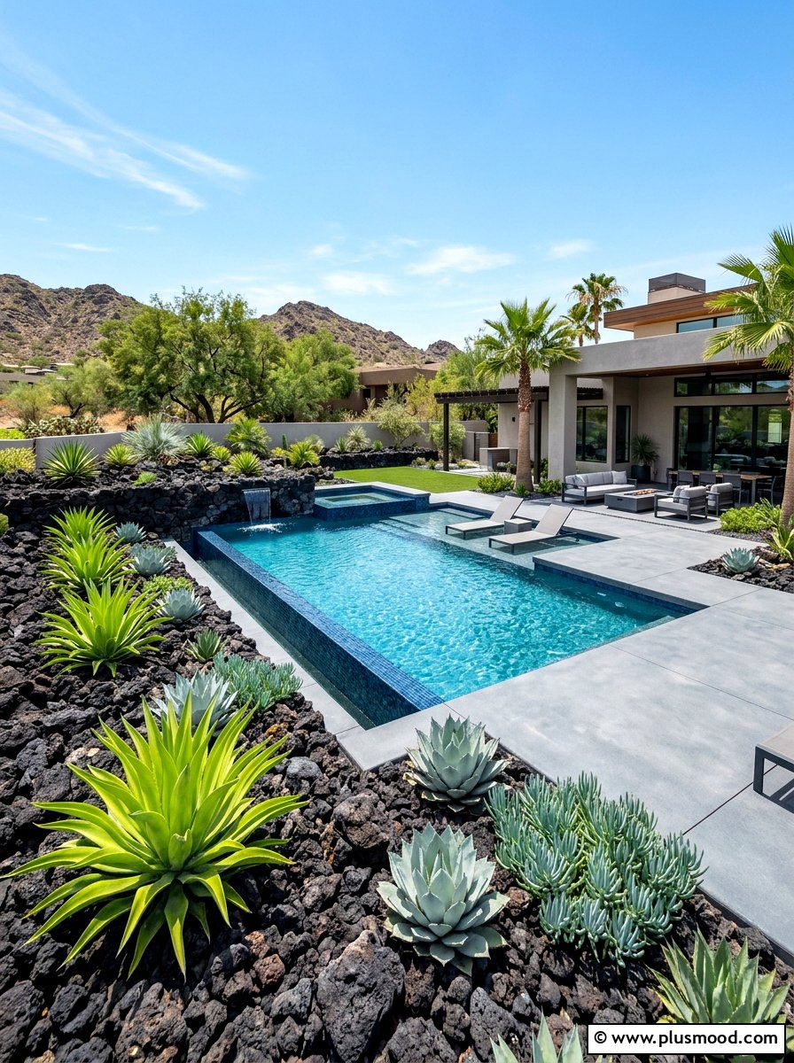 Black lava rock pool accent - 25 pool landscaping ideas with gravel