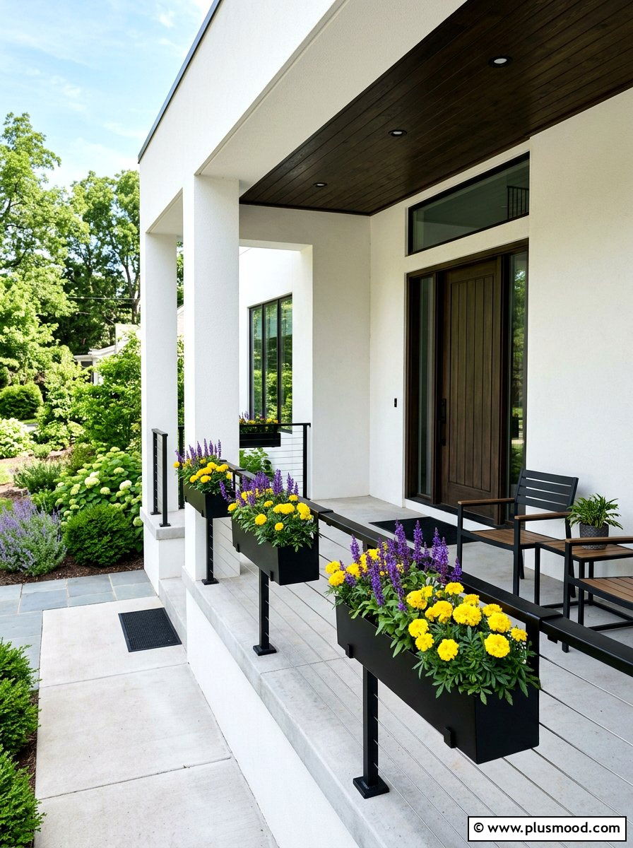 Black metal planters - 25 summer porch rail decor ideas
