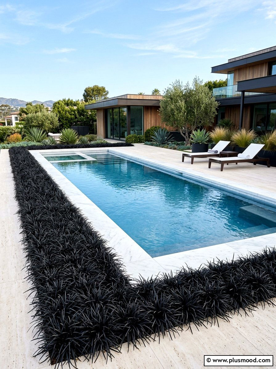 Black mondo grass modern pool - 25 pool landscaping ideas with ornamental grasses