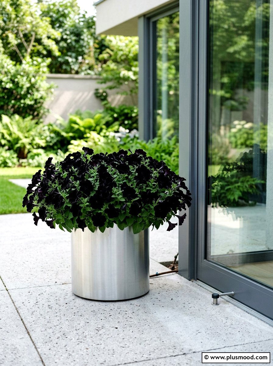 Black petunia dramatic planter - 25 summer monochrome planter ideas