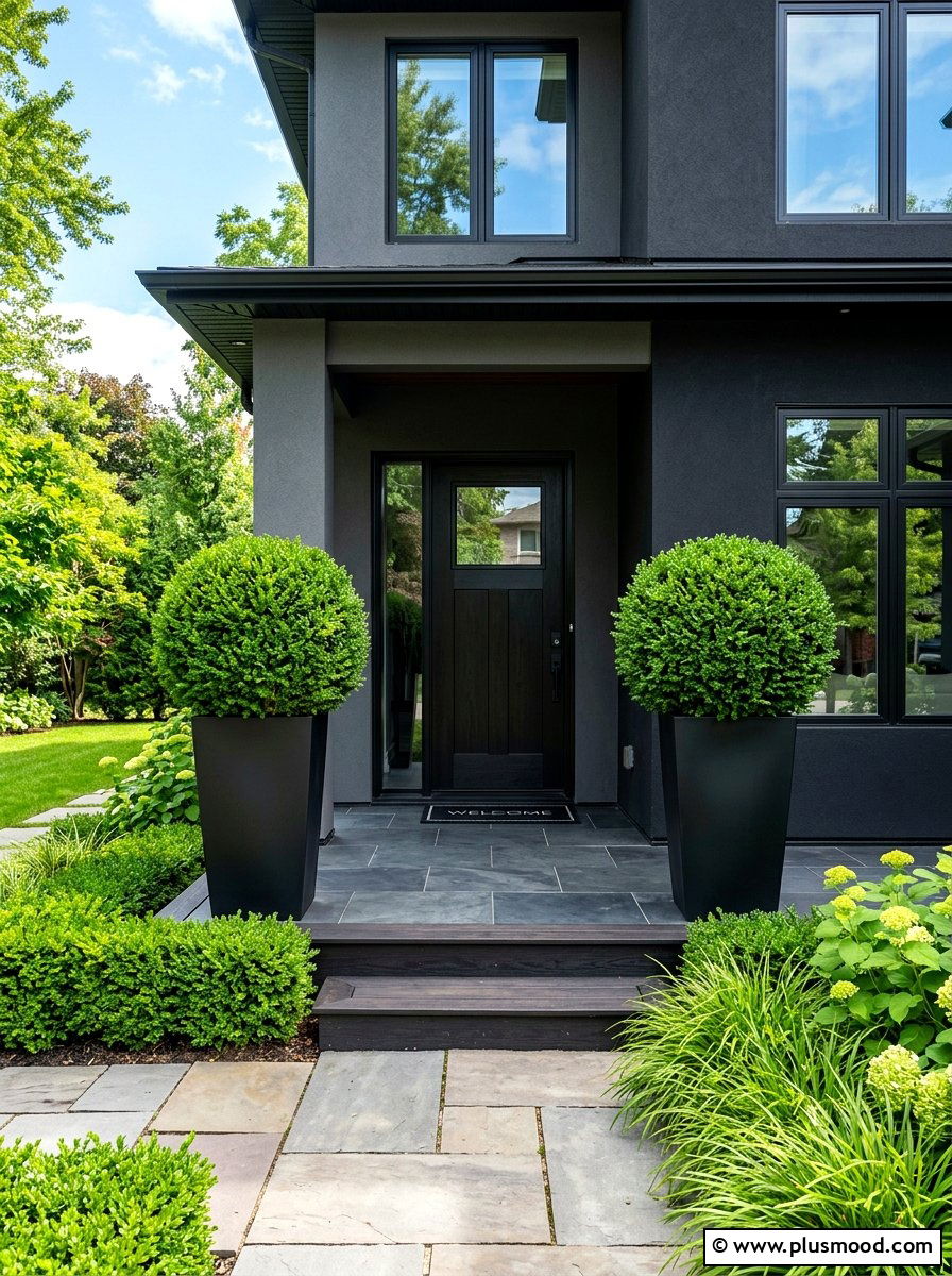 Black planter front porch - 25 summer front porch decor ideas with topiaries