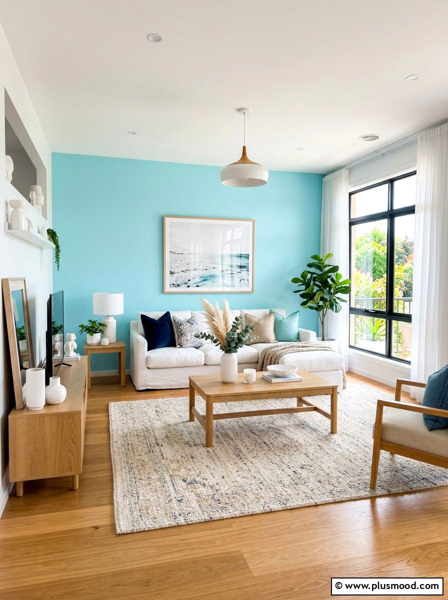 Blue Accent Wall - 25 airy summer living room ideas
