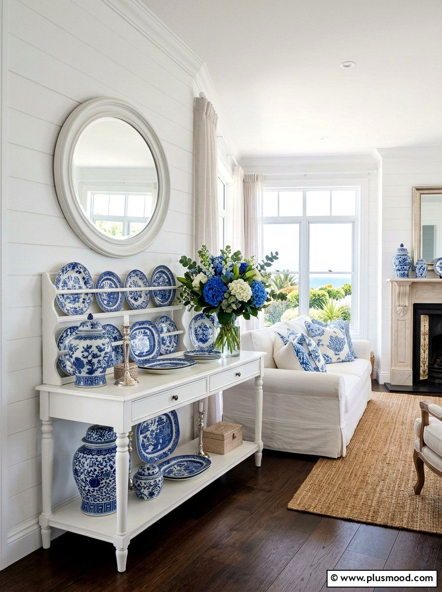 Blue And White Ceramic Plate - 25 summer wall art ideas for living room