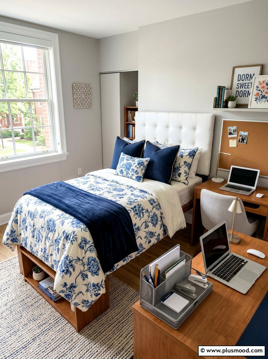 Blue And White Floral Bedding - 25 summer dorm room ideas