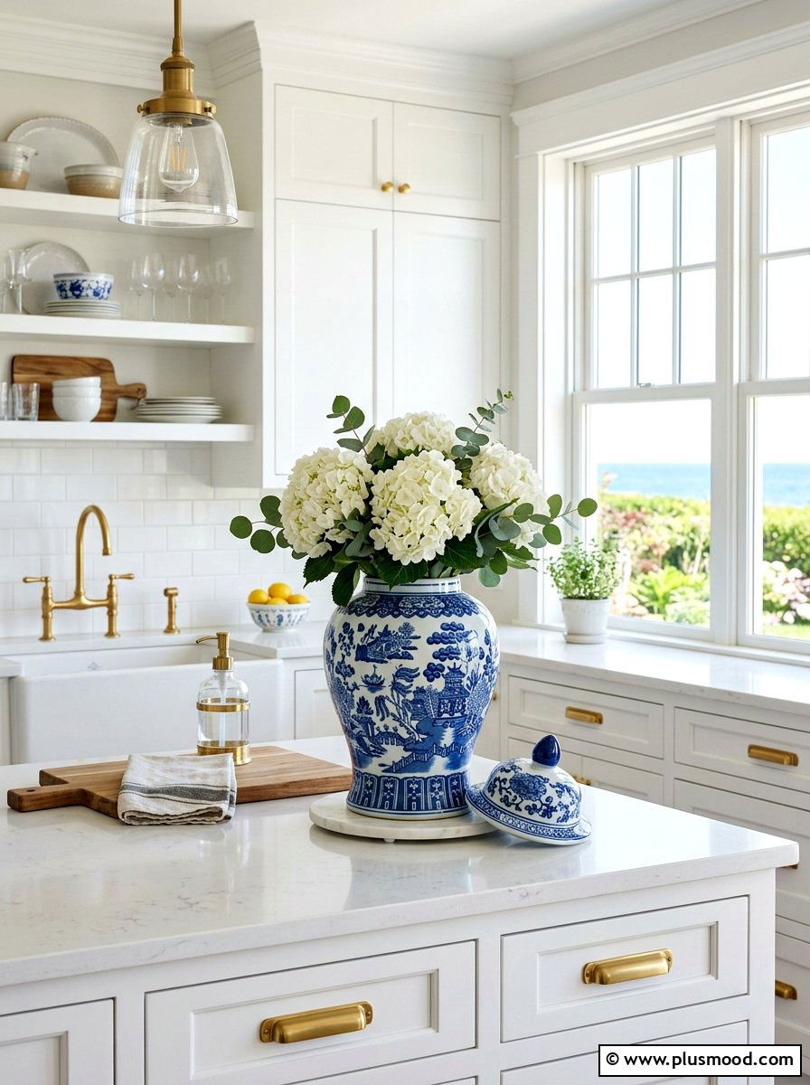 Blue And White Ginger Jar - 25 summer kitchen counter decor ideas