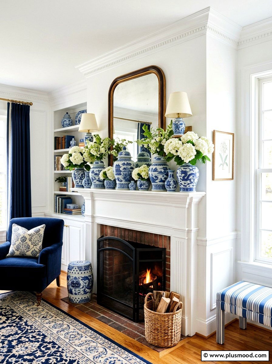 Blue And White Mantel - 25 summer mantel decor ideas