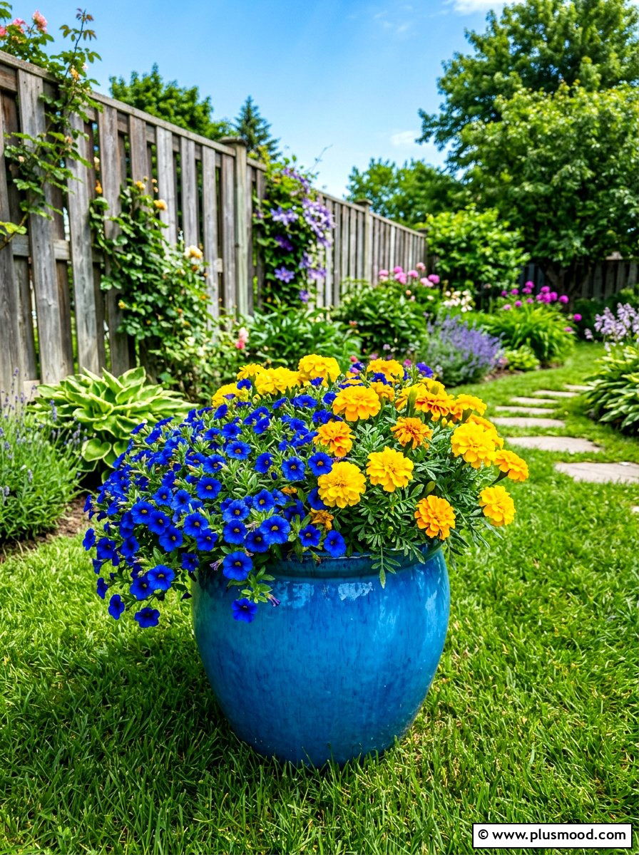 Blue Calibrachoa And Yellow Marigolds - 25 summer planters with calibrachoa ideas