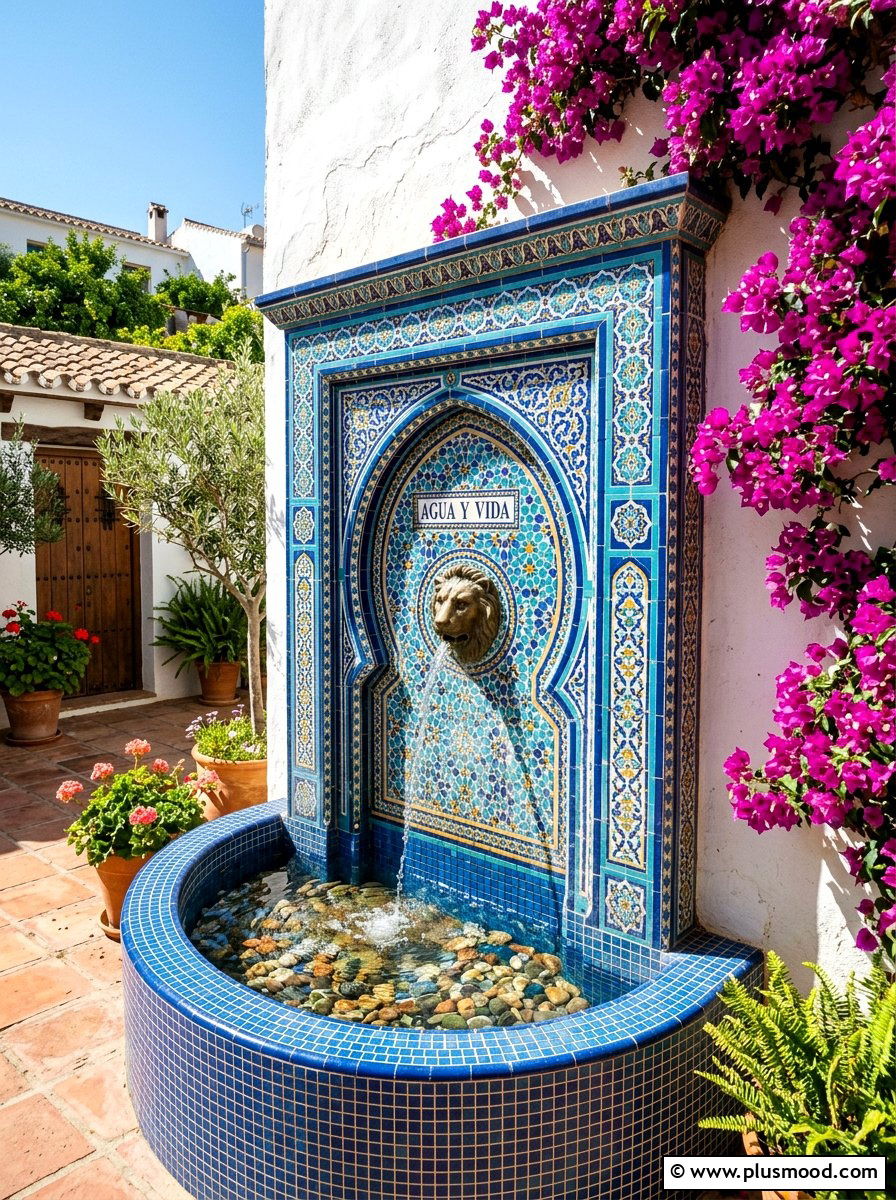 Blue Ceramic Tile Wall Fountain - 25 small backyard ideas with wall fountain