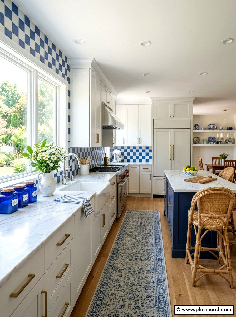 Blue Checkered Tiles - 25 summer picnic style kitchen decor ideas