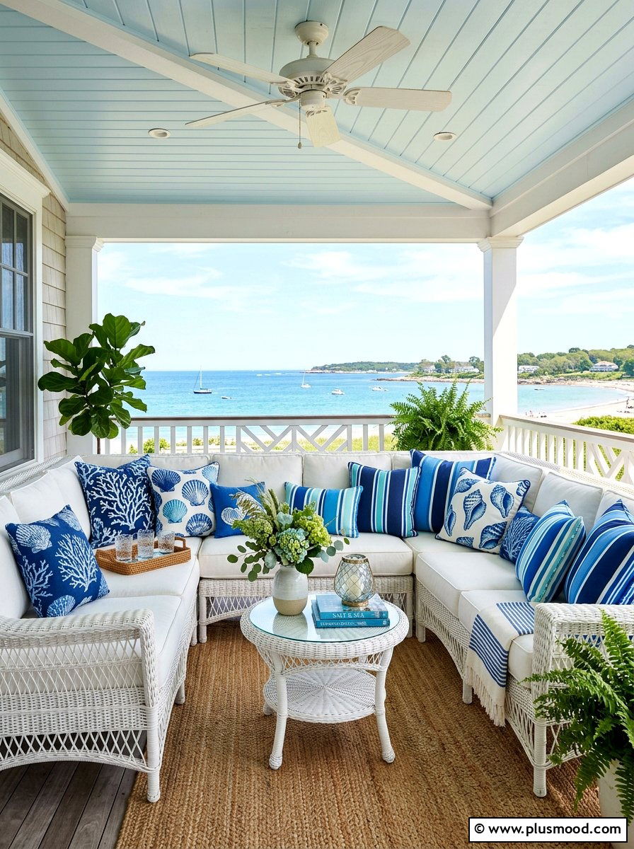 Blue Coastal Outdoor Pillows - 25 summer coastal front porch ideas