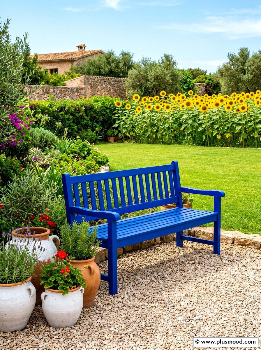Blue Garden Bench - 25 summer garden bench ideas