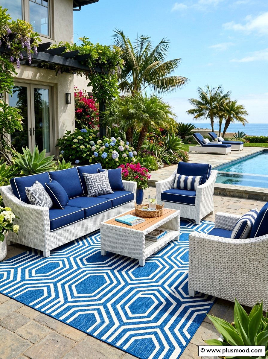 Blue Geometric Outdoor Rug - 25 summer patio rug ideas