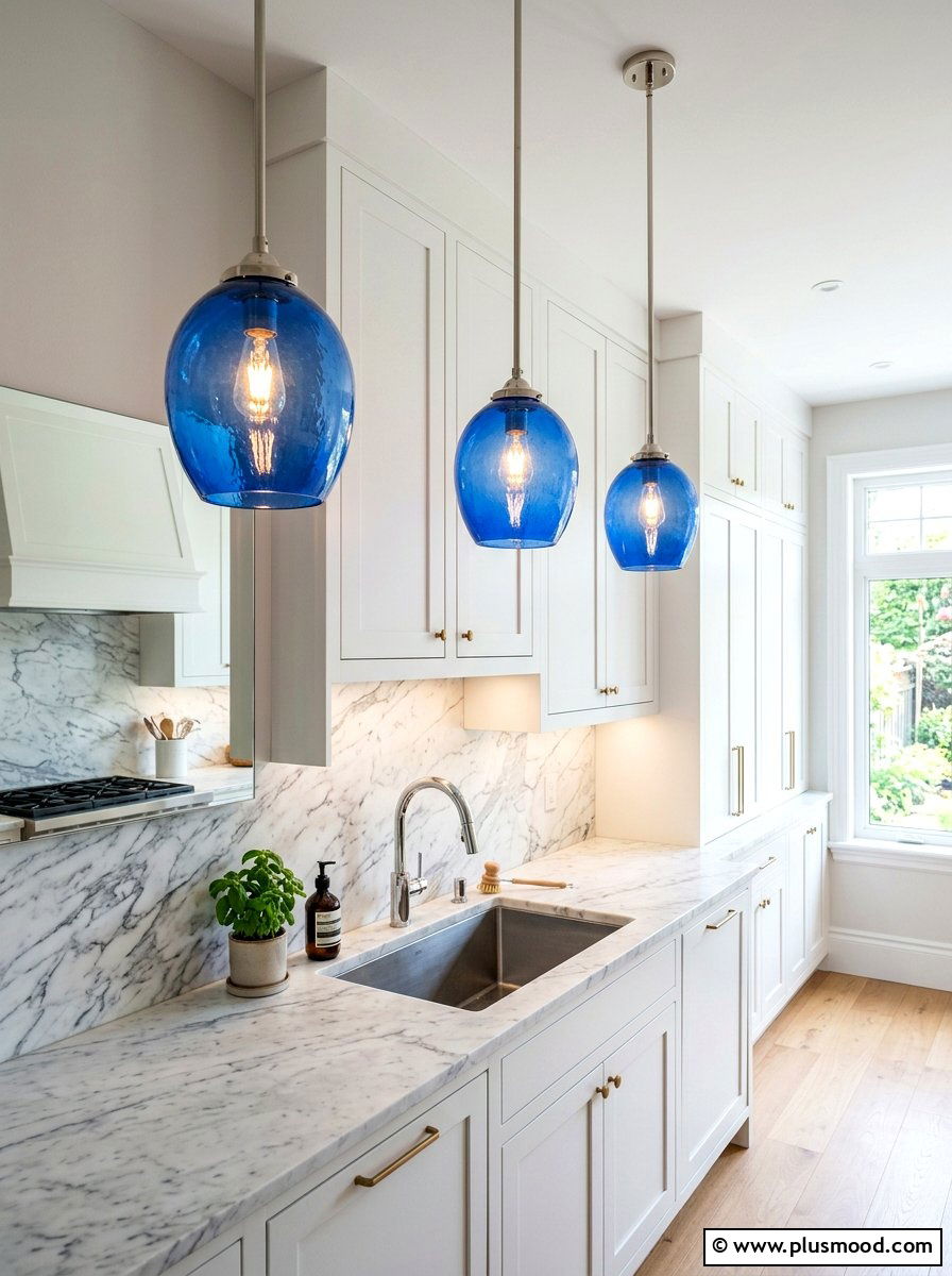 Blue Glass Kitchen Pendant - 25 summer blue kitchen decor ideas